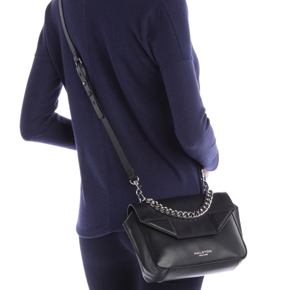 Halston Heritage Bag Black Leather Crossbody Chain Strap Leather Strap Bag NWT - Picture 2 of 10